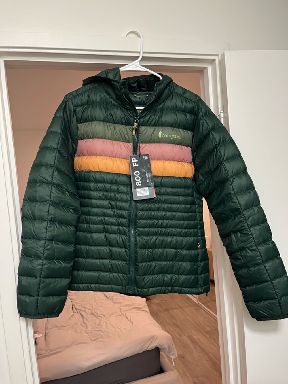 NWT Cotopaxi Fuego Down Hooded Jacket in Cargo Stripes